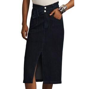 Anthropologie Pilcro 6 Arden Double Waist Denim Midi Strtch Skirt Dark Wash $158